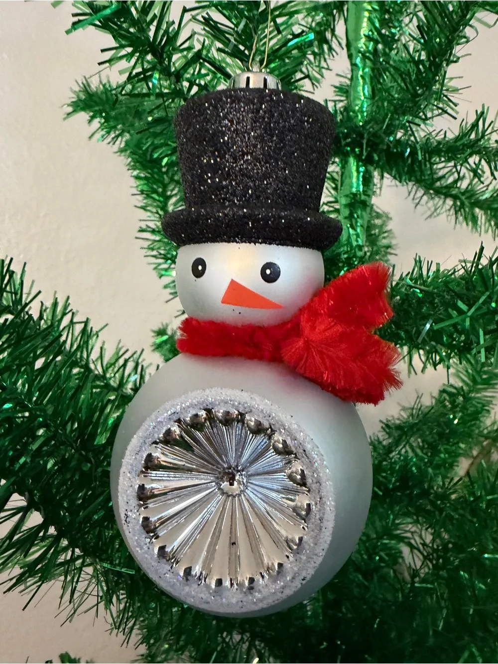 Snowman Christmas Bauble Ornament Medium Silver Glass Glitter Top Hat Hanging